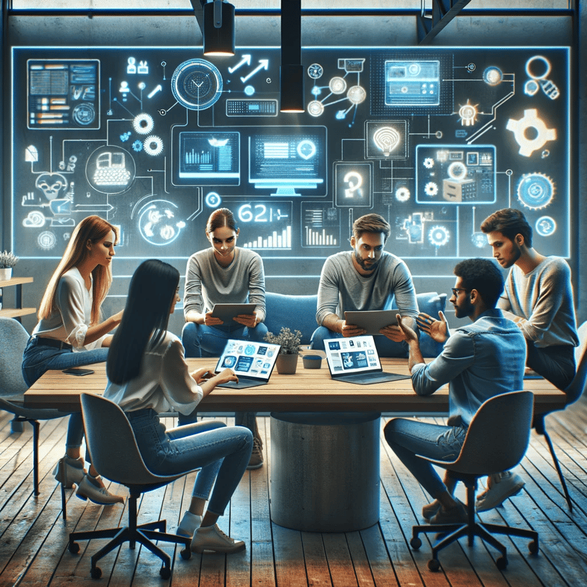 DALL·E 2024-01-11 04.36.41 - Visualize a casual work meeting where young adults aged 20-35 are engaging with digital tools and platforms. Theyre in a co-working space indicative